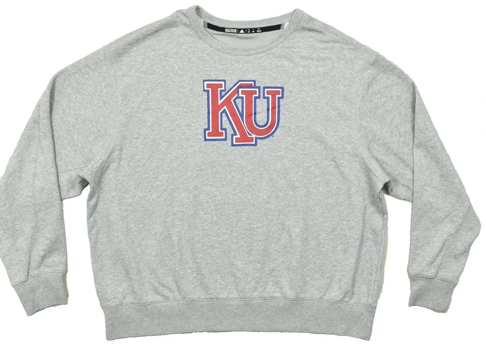 Adidas Kansas Jayhawks KU Crewneck Sweatshirt Gray Men's 2XL Heathered Pullover